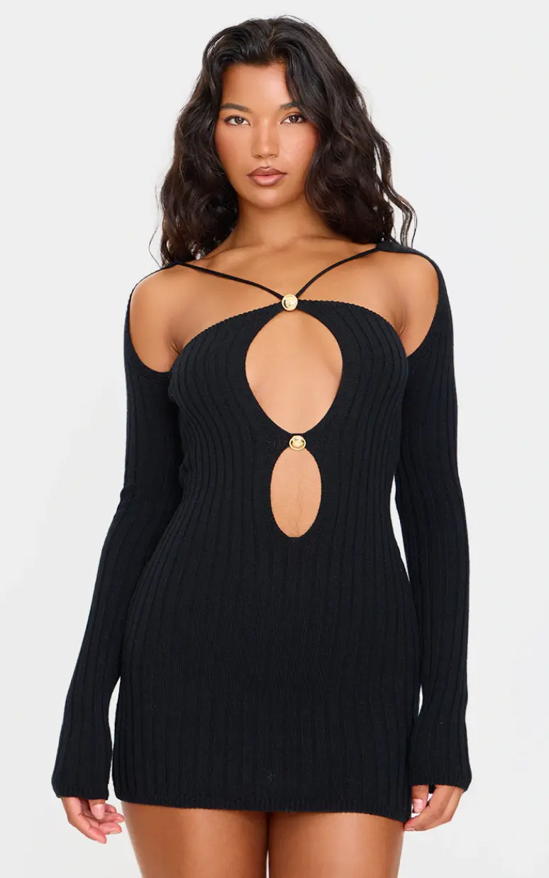 Cut-Out Detaylı Triko Mini Elbise - Siyah