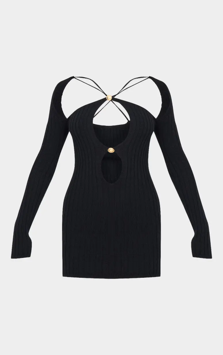 Cut-Out Detaylı Triko Mini Elbise - Siyah