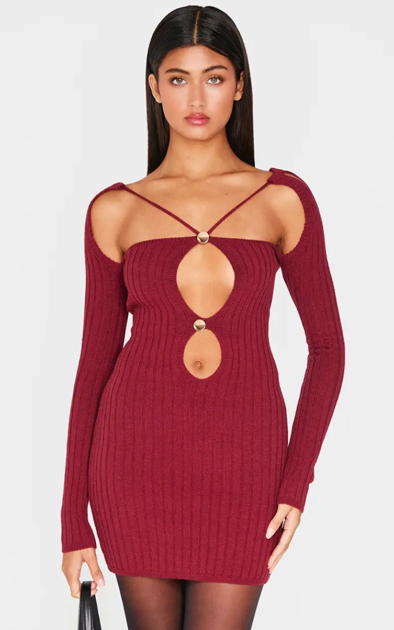 Cut-Out Detaylı Triko Mini Elbise - Bordo