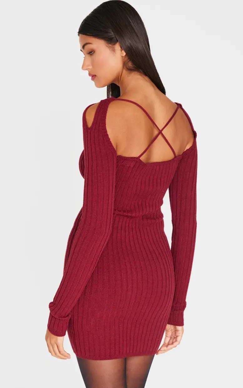 Cut-Out Detaylı Triko Mini Elbise - Bordo