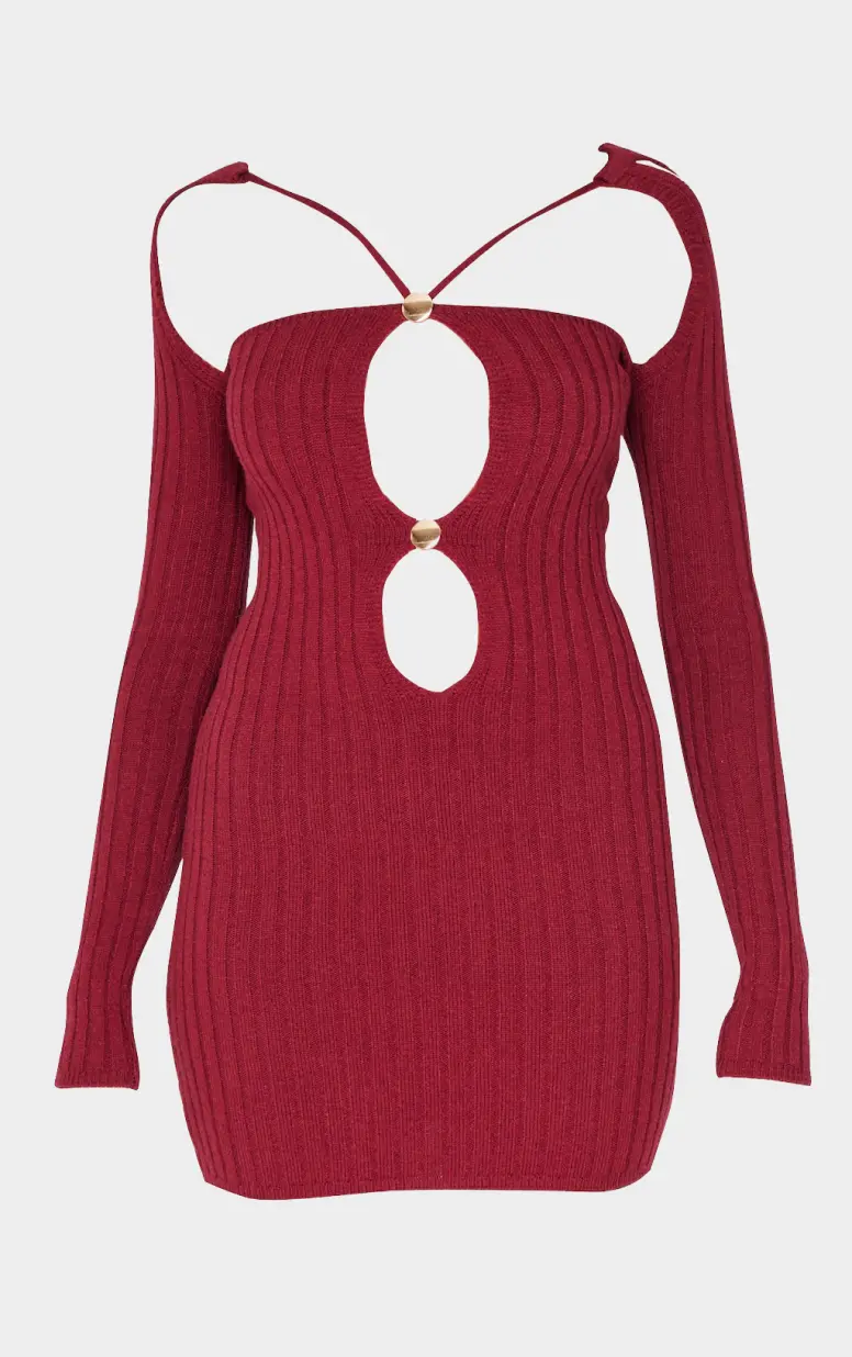Cut-Out Detaylı Triko Mini Elbise - Bordo