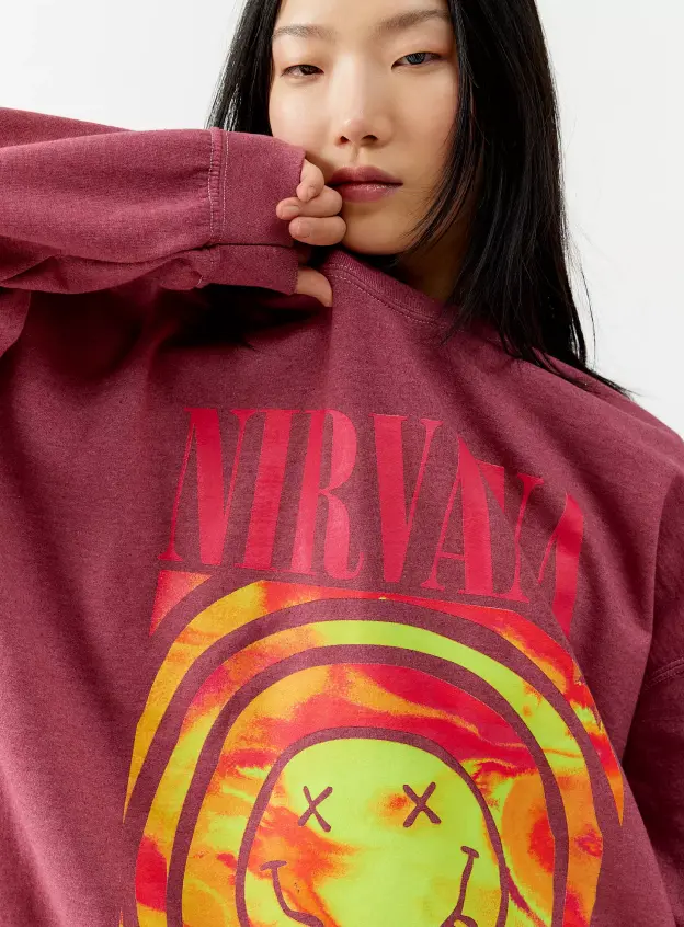 Baskılı Oversize Sweatshirt - Bordo
