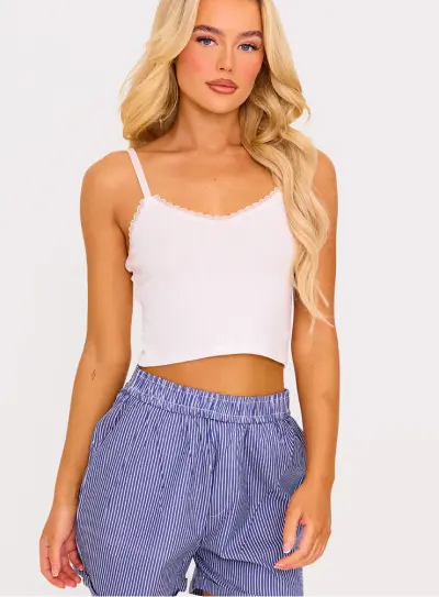 Crop Askılı Rib Atlet - Beyaz
