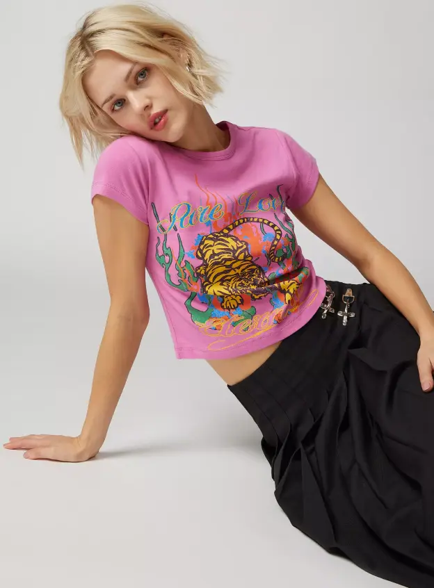 Baskılı Crop Tişört - Pembe