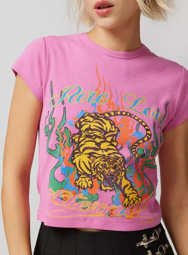 Baskılı Crop Tişört - Pembe