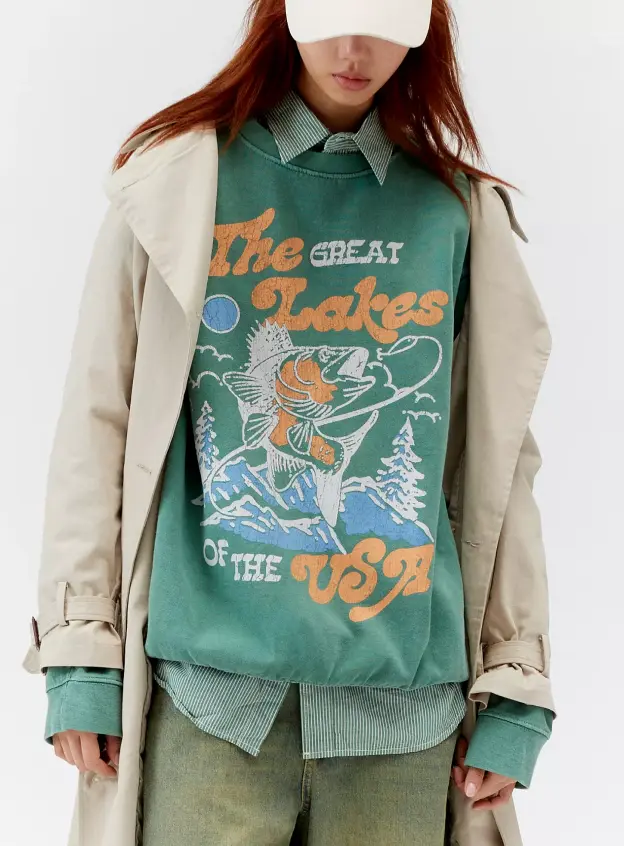 Göl Manzaralı Baskılı Sweatshirt - Yeşil