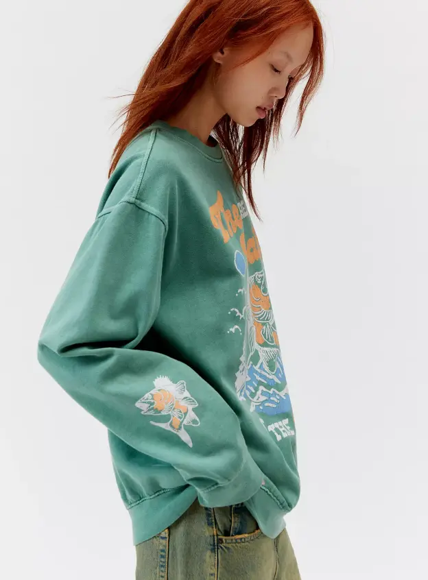 Göl Manzaralı Baskılı Sweatshirt - Yeşil